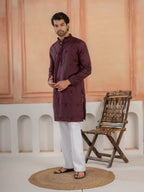 Festive Wine Soft Cotton Val-Moti Butta Work Mens Kurta Set
