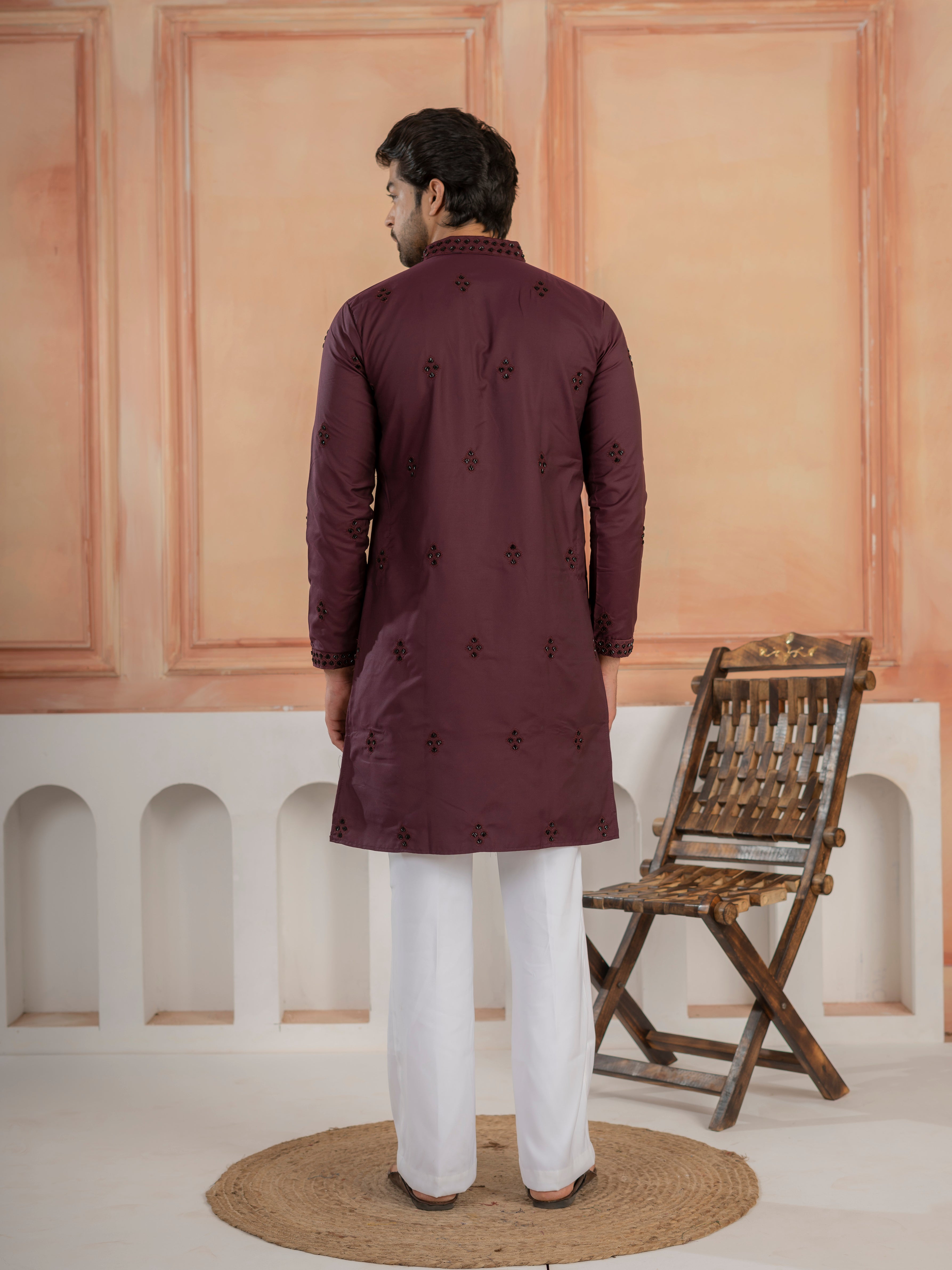 Festive Wine Soft Cotton Val-Moti Butta Work Mens Kurta Set
