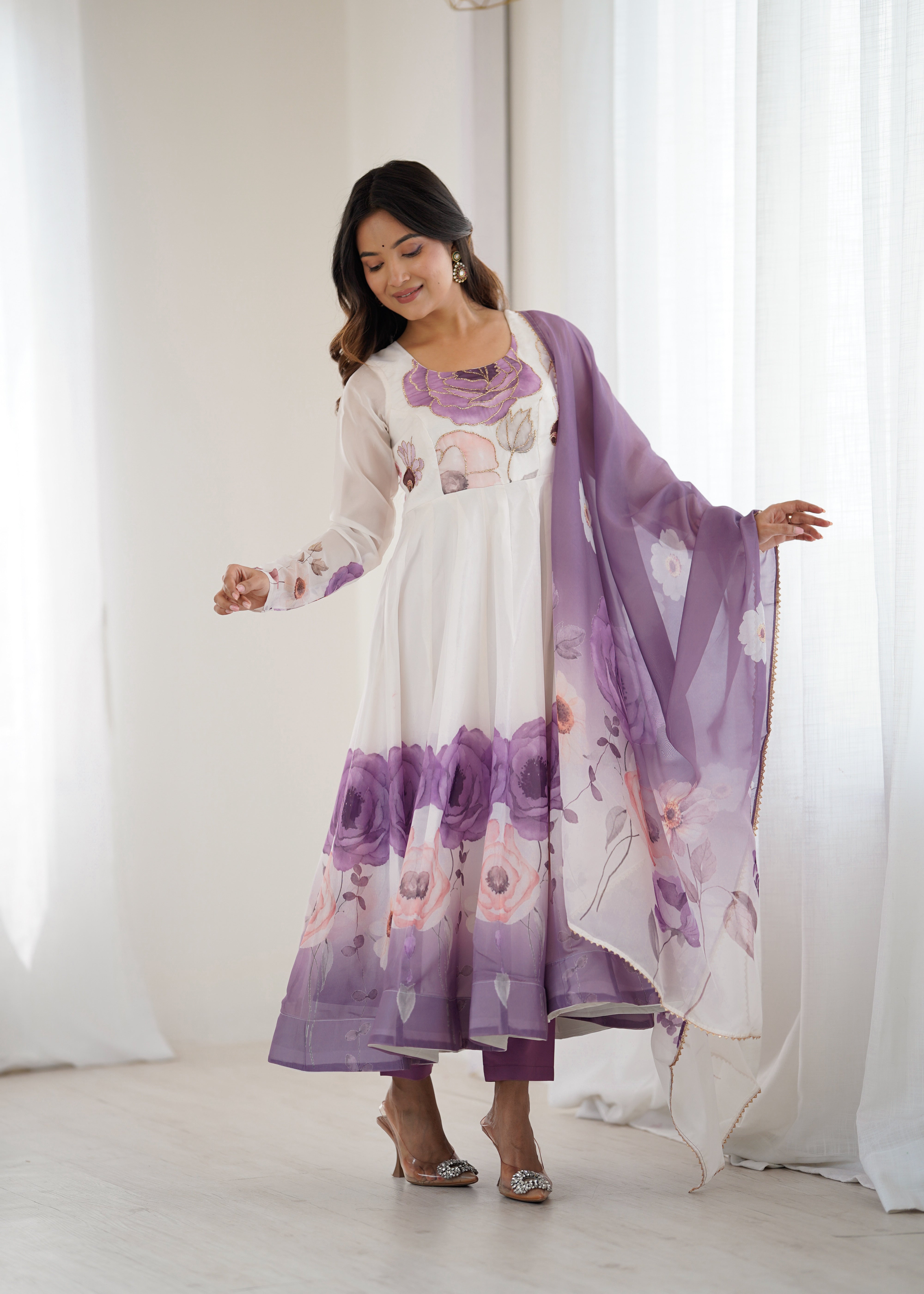 Floral Pure Soft Tabby Organza Silk Three Piece Anarkali Suit - Violate
