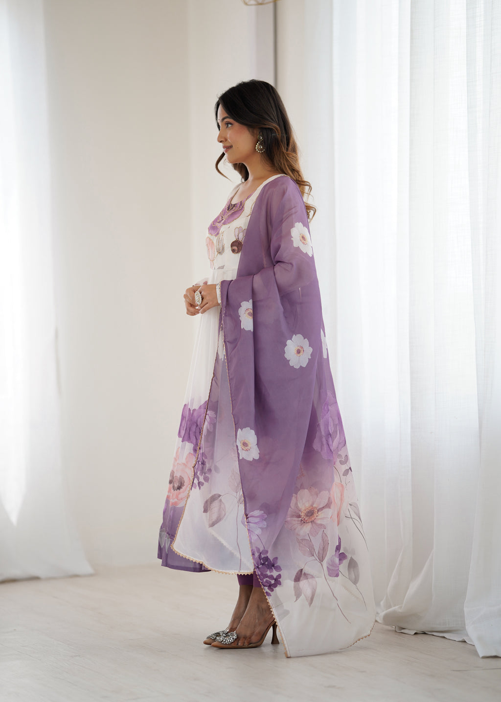 Floral Pure Soft Tabby Organza Silk Three Piece Anarkali Suit - Violate
