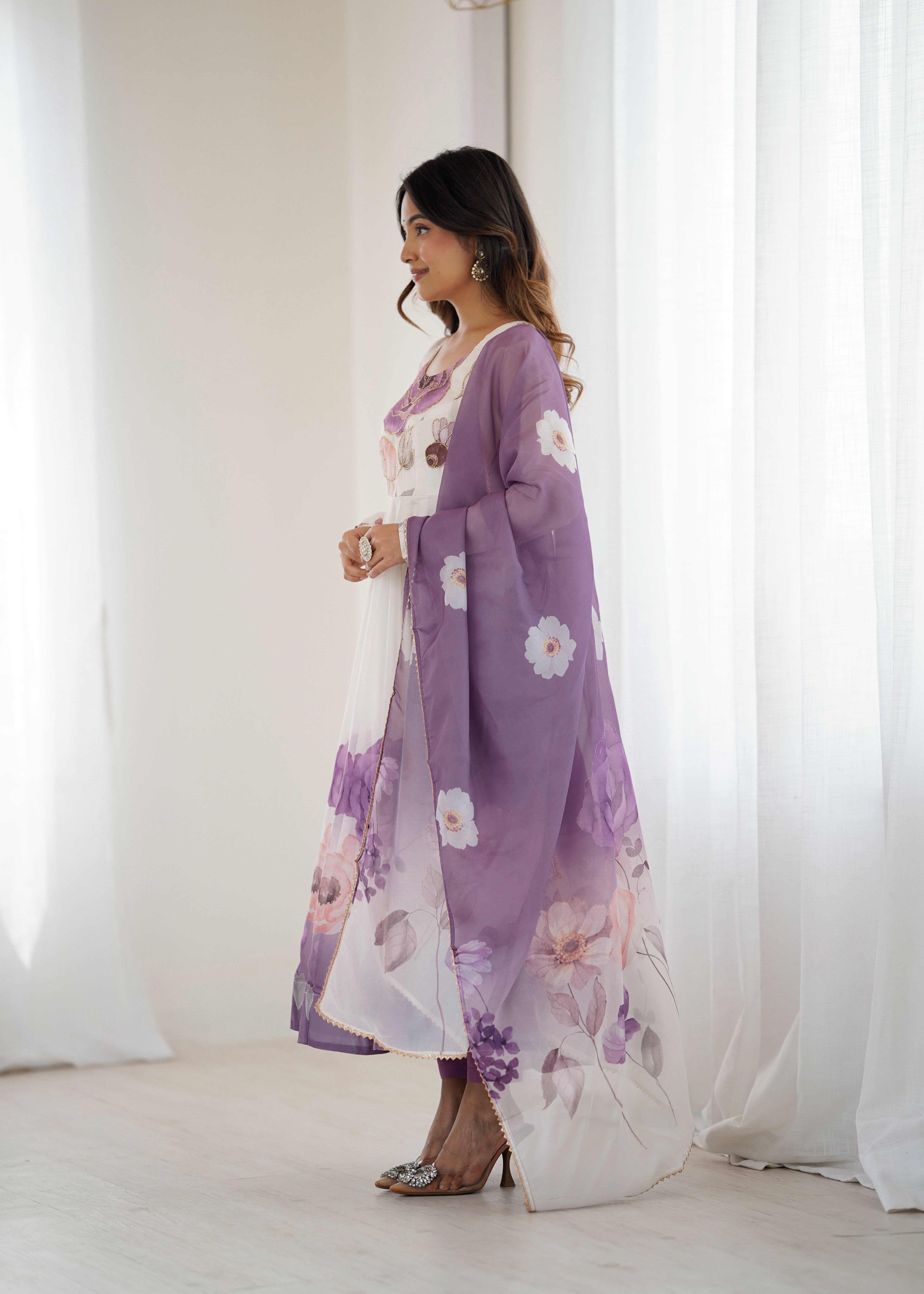 Floral Pure Soft Tabby Organza Silk Three Piece Anarkali Suit - Violate
