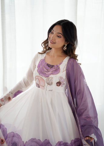 Floral Pure Soft Tabby Organza Silk Three Piece Anarkali Suit - Violate
