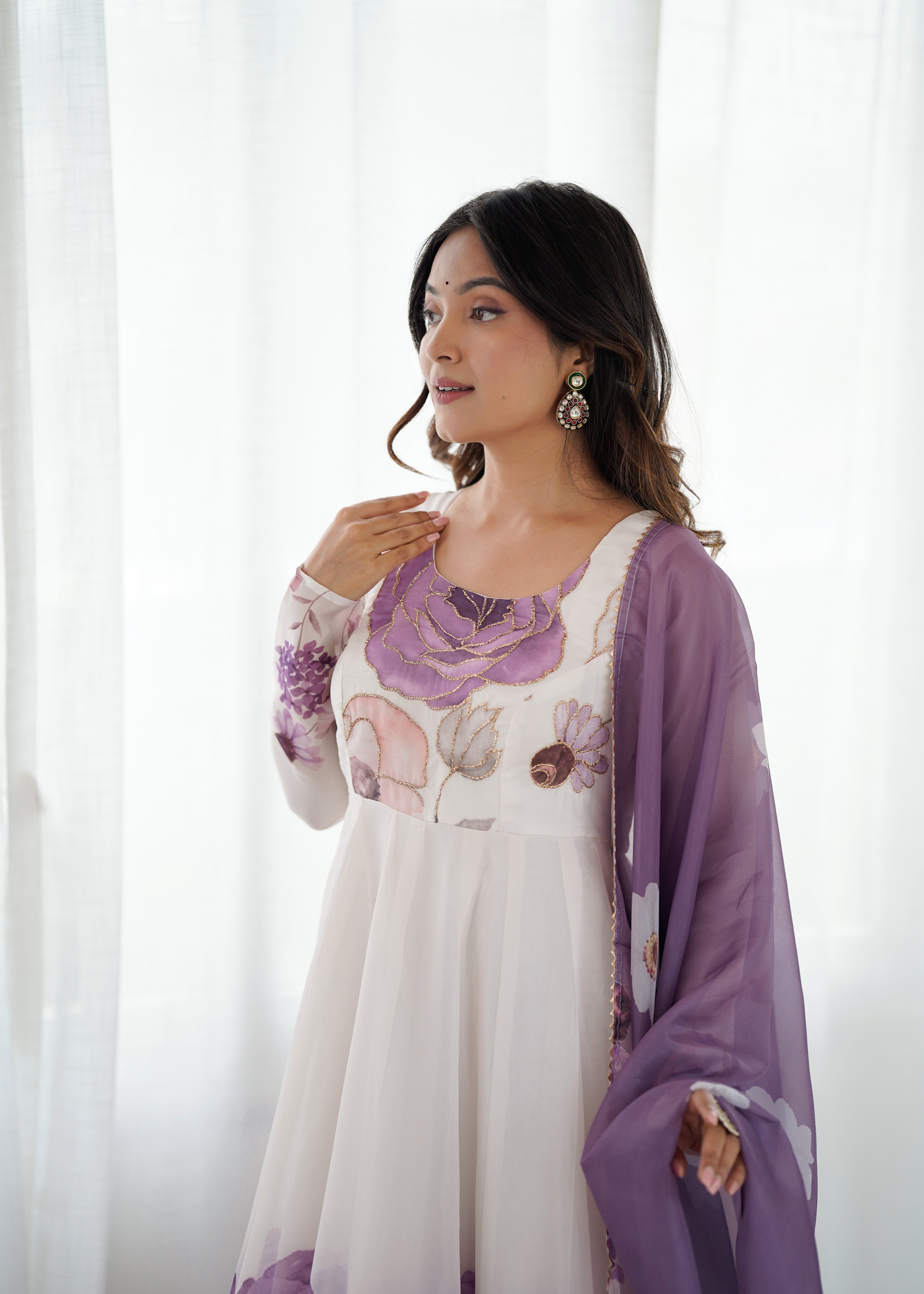 Floral Pure Soft Tabby Organza Silk Three Piece Anarkali Suit - Violate