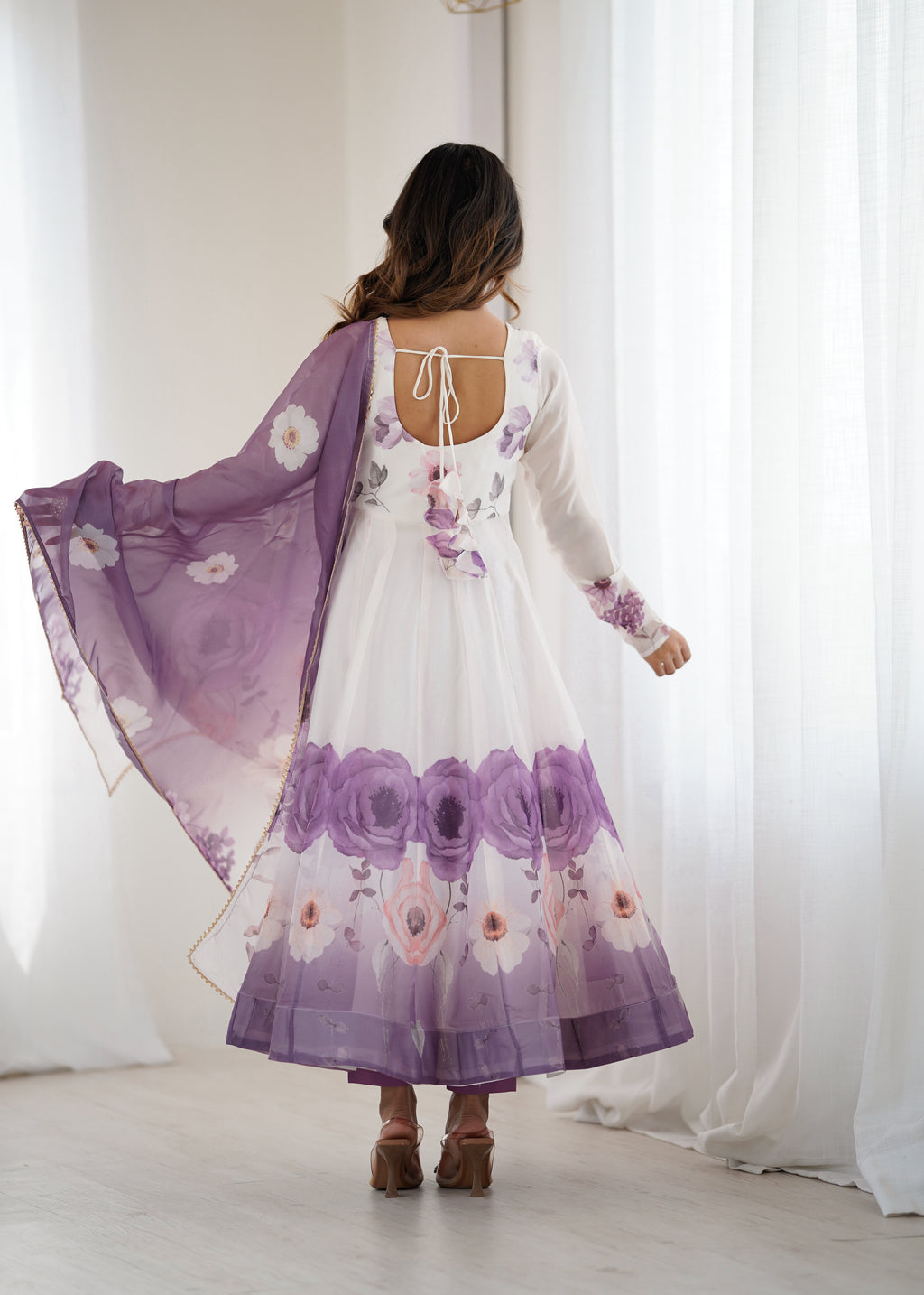 Floral Pure Soft Tabby Organza Silk Three Piece Anarkali Suit - Violate