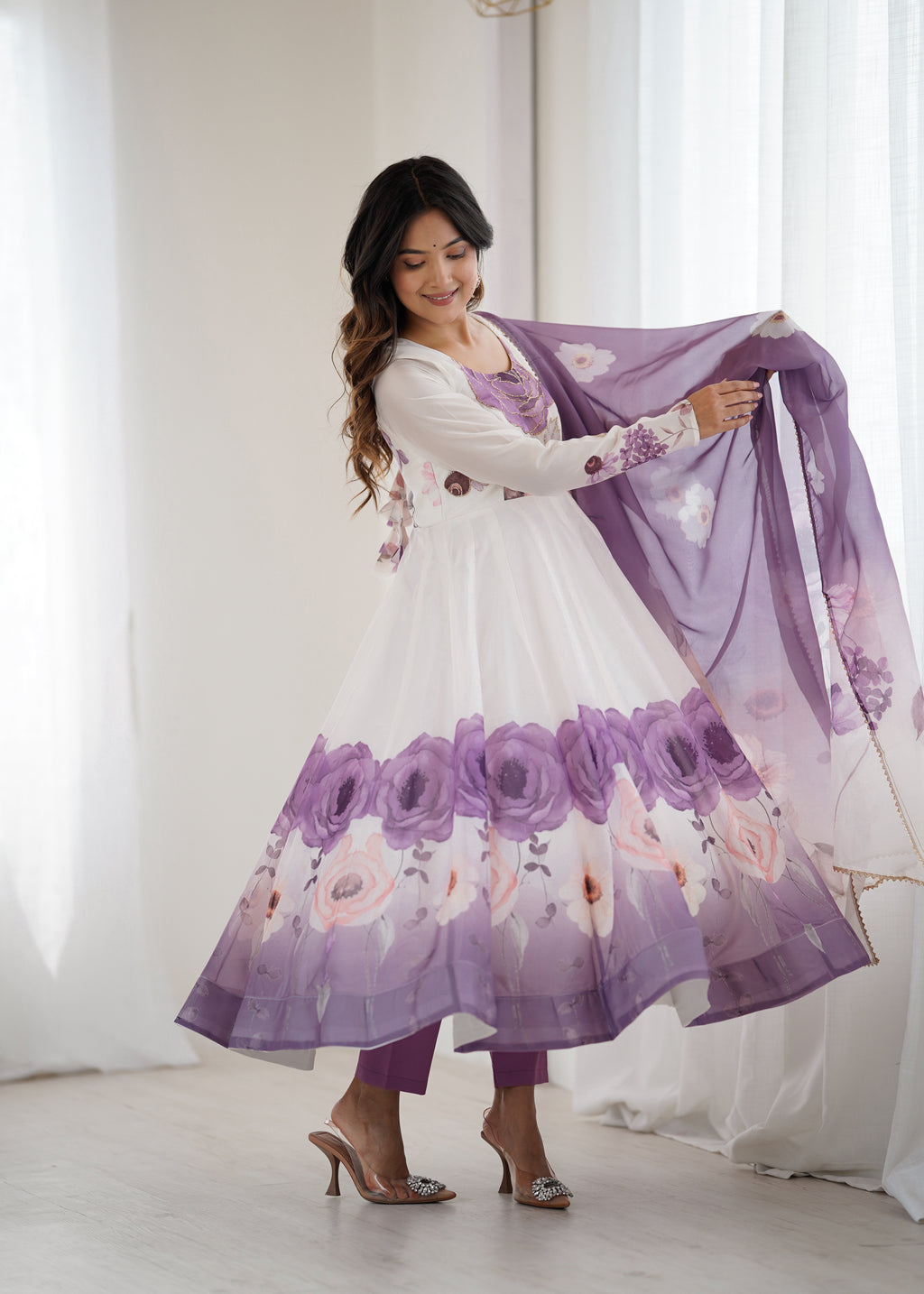 Floral Pure Soft Tabby Organza Silk Three Piece Anarkali Suit - Violate
