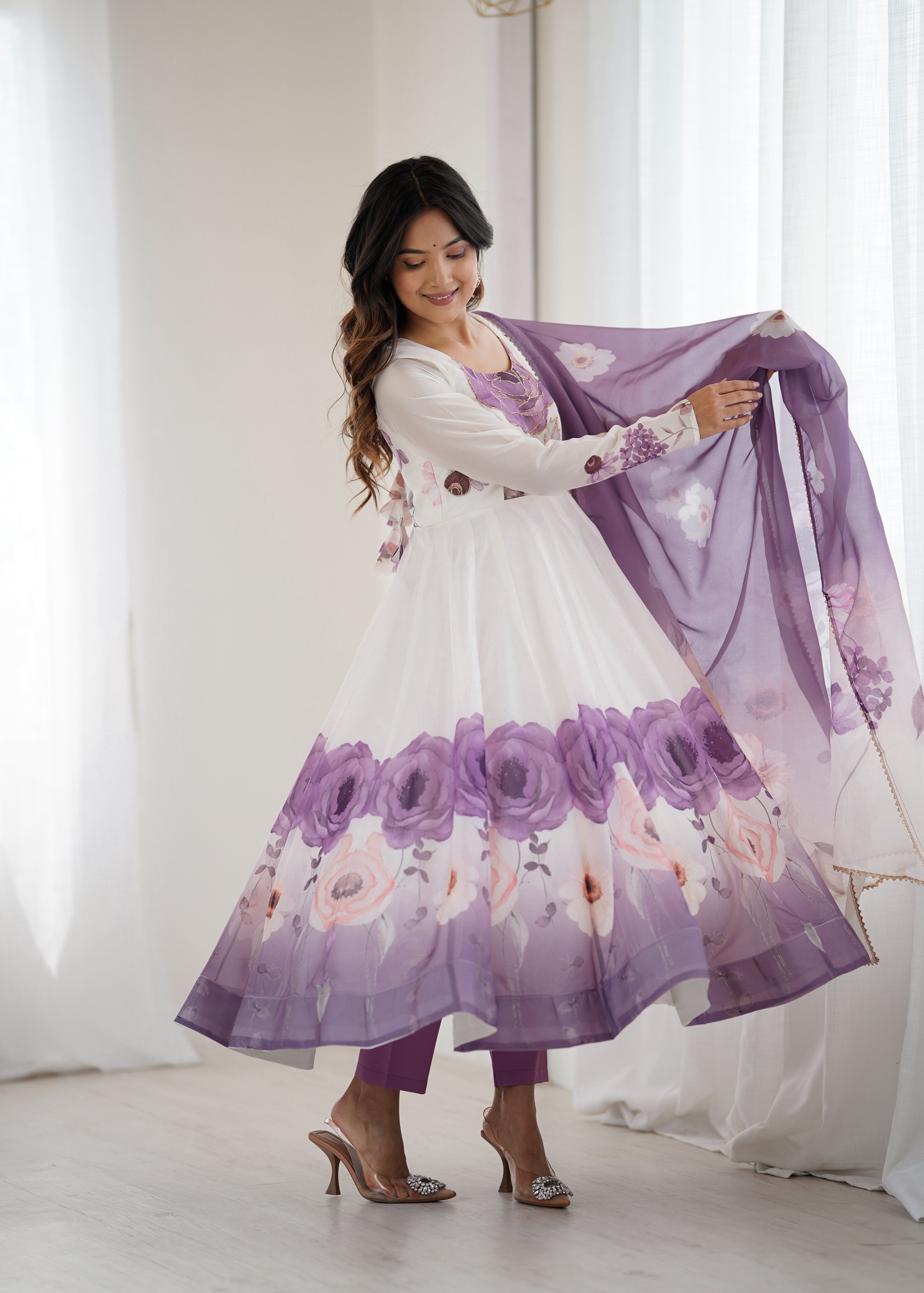 Floral Pure Soft Tabby Organza Silk Three Piece Anarkali Suit - Violate

