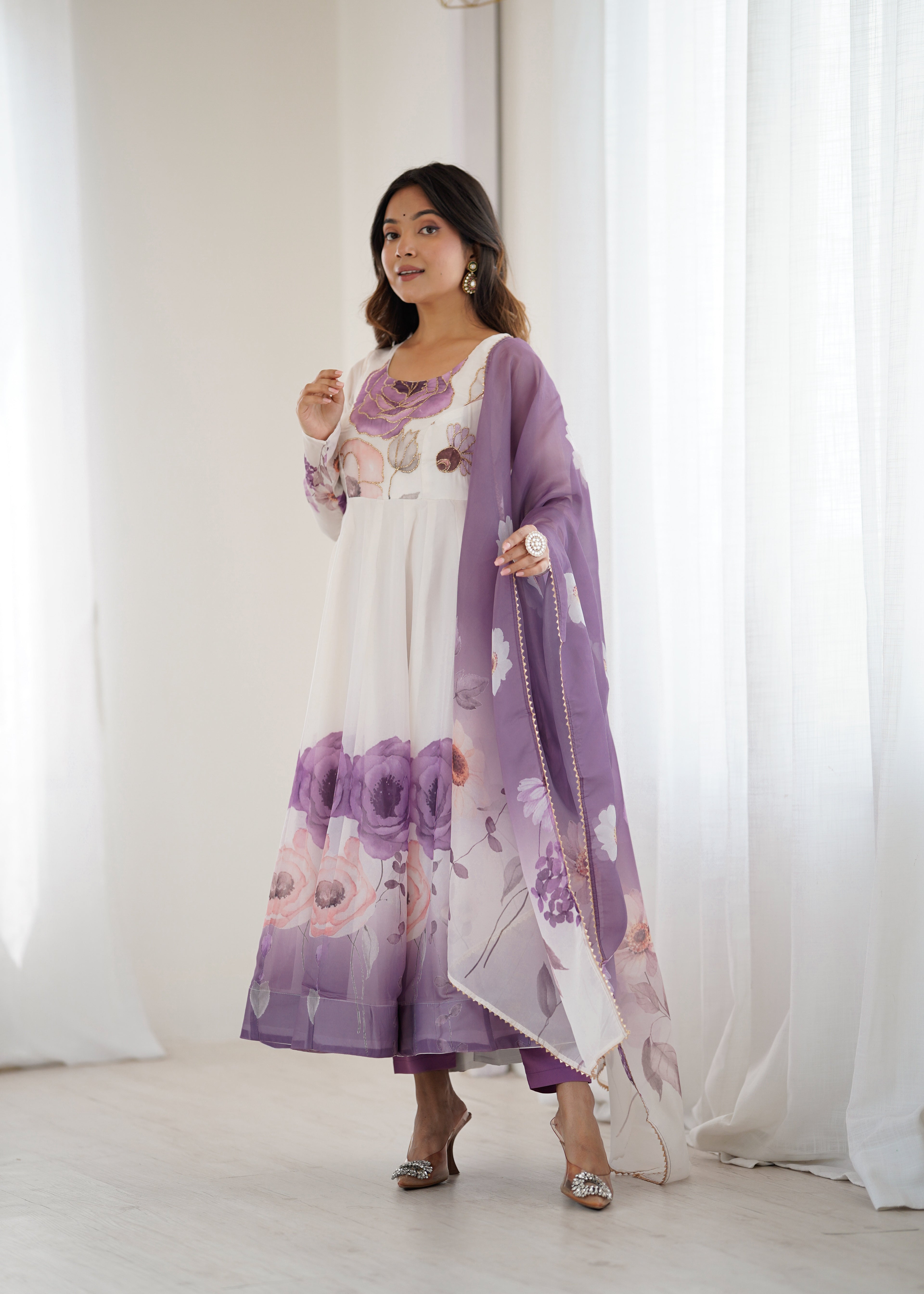 Floral Pure Soft Tabby Organza Silk Three Piece Anarkali Suit - Violate
