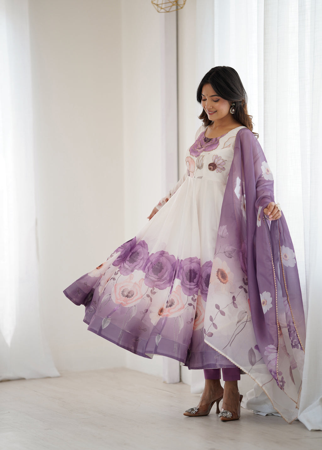 Floral Pure Soft Tabby Organza Silk Three Piece Anarkali Suit - Violate
