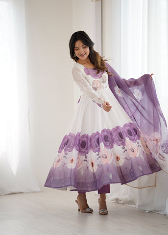 Floral Pure Soft Tabby Organza Silk Three Piece Anarkali Suit - Violate
