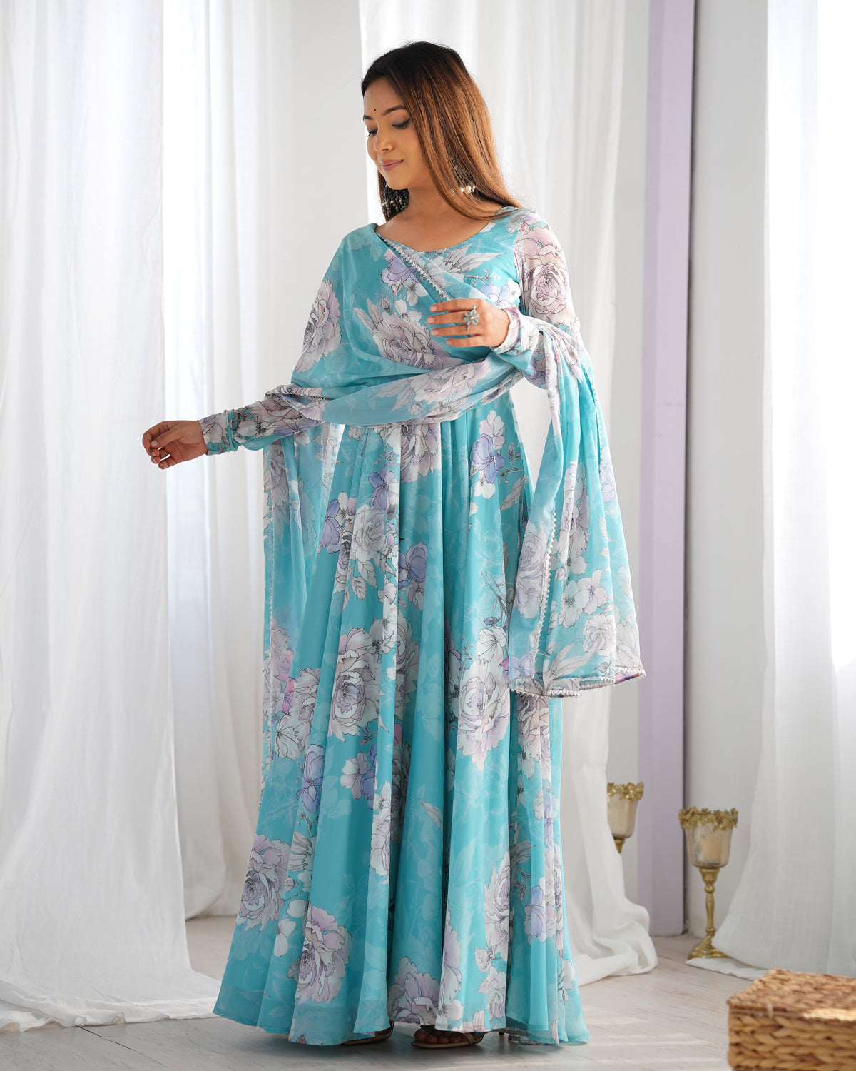 Elegant Fox Georgette Floral Anarkali Gown Set with Dupatta