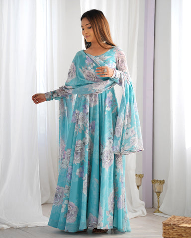Elegant Fox Georgette Floral Anarkali Gown Set with Dupatta