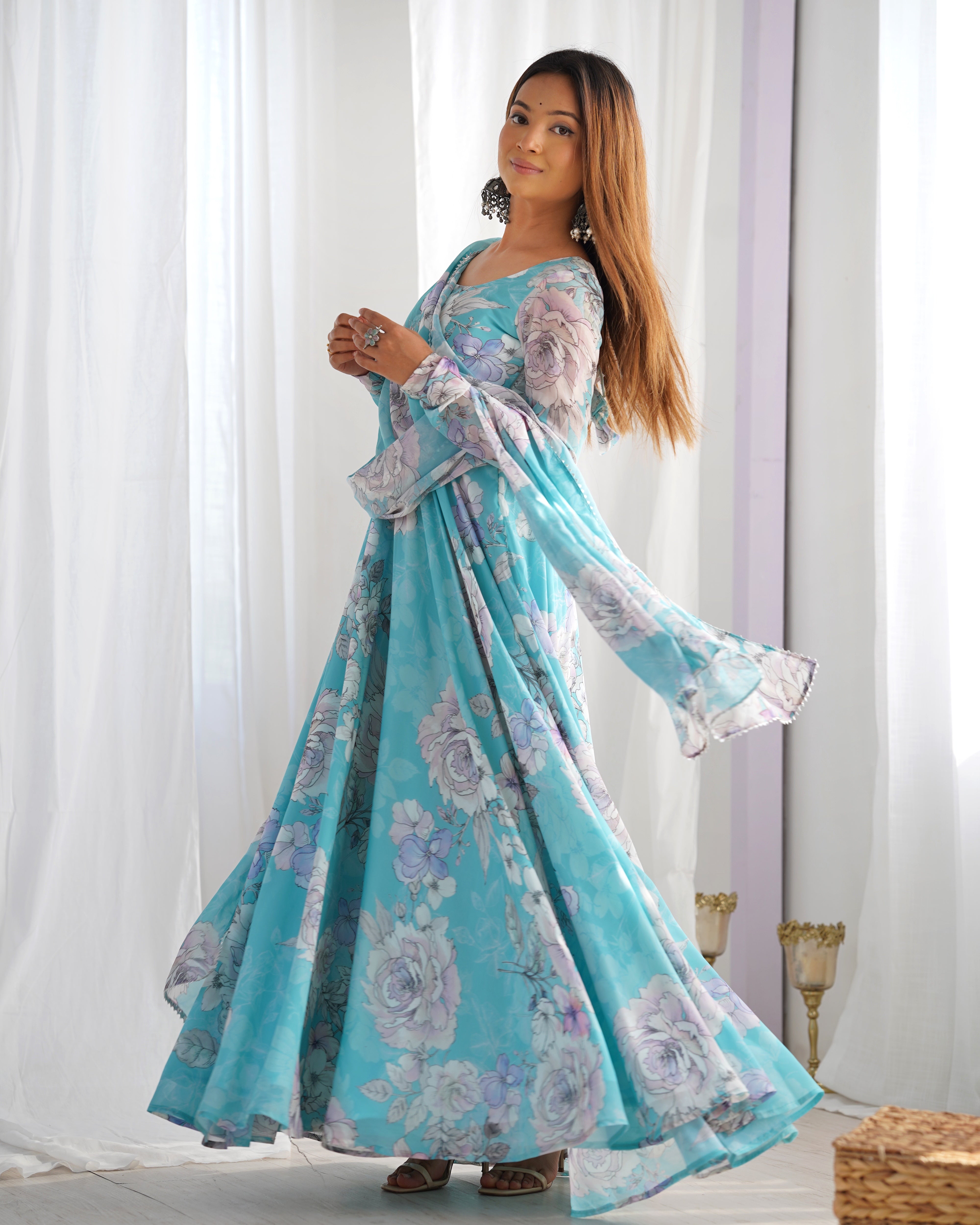 Elegant Fox Georgette Floral Anarkali Gown Set with Dupatta