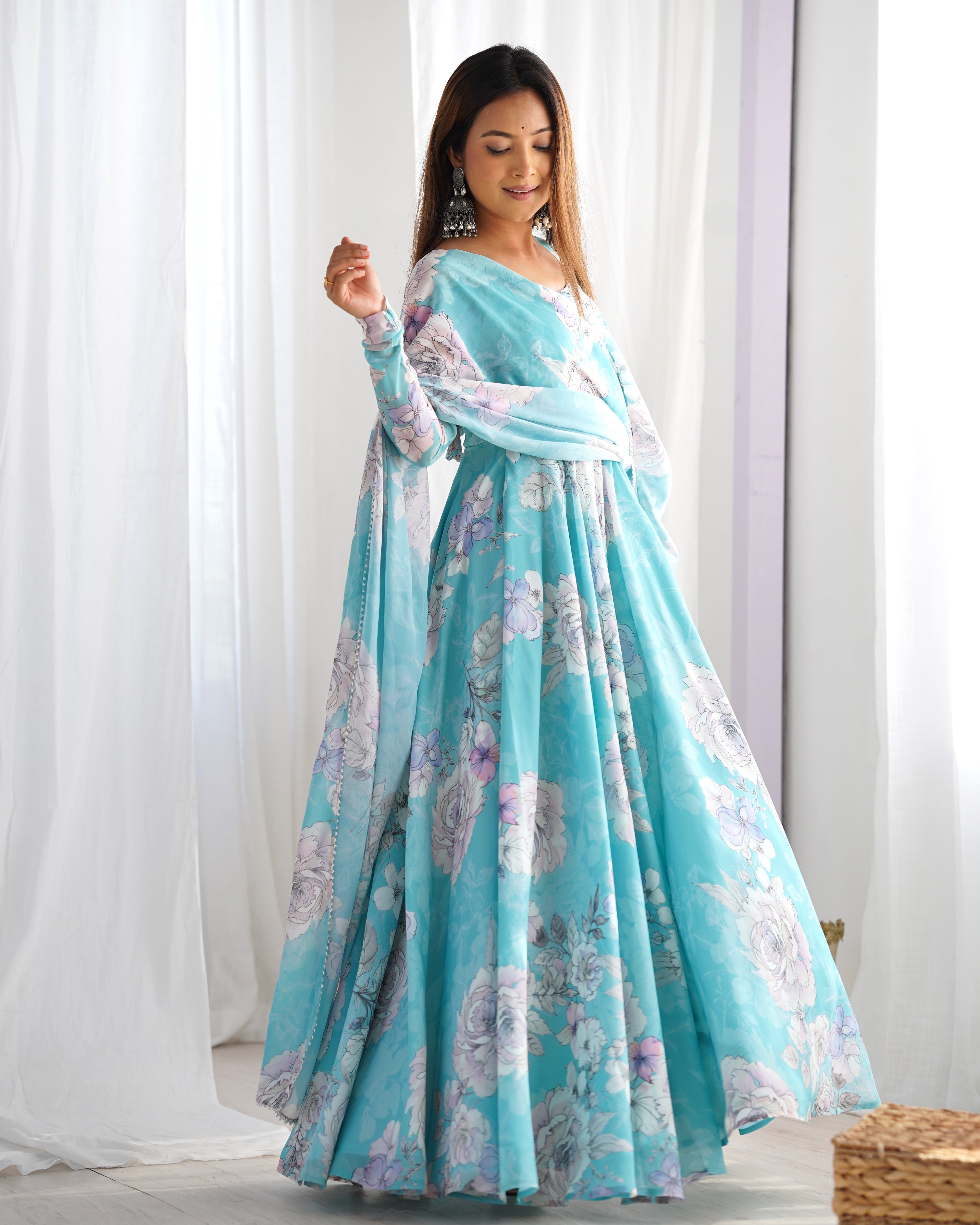 Elegant Fox Georgette Floral Anarkali Gown Set with Dupatta