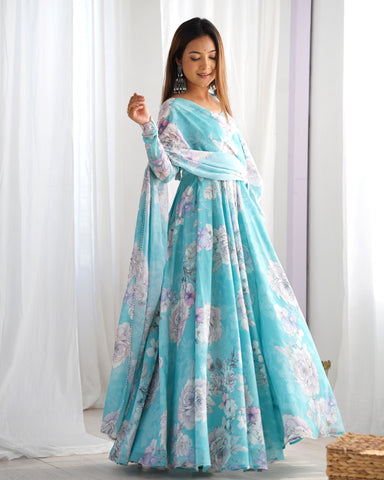 Elegant Fox Georgette Floral Anarkali Gown Set with Dupatta