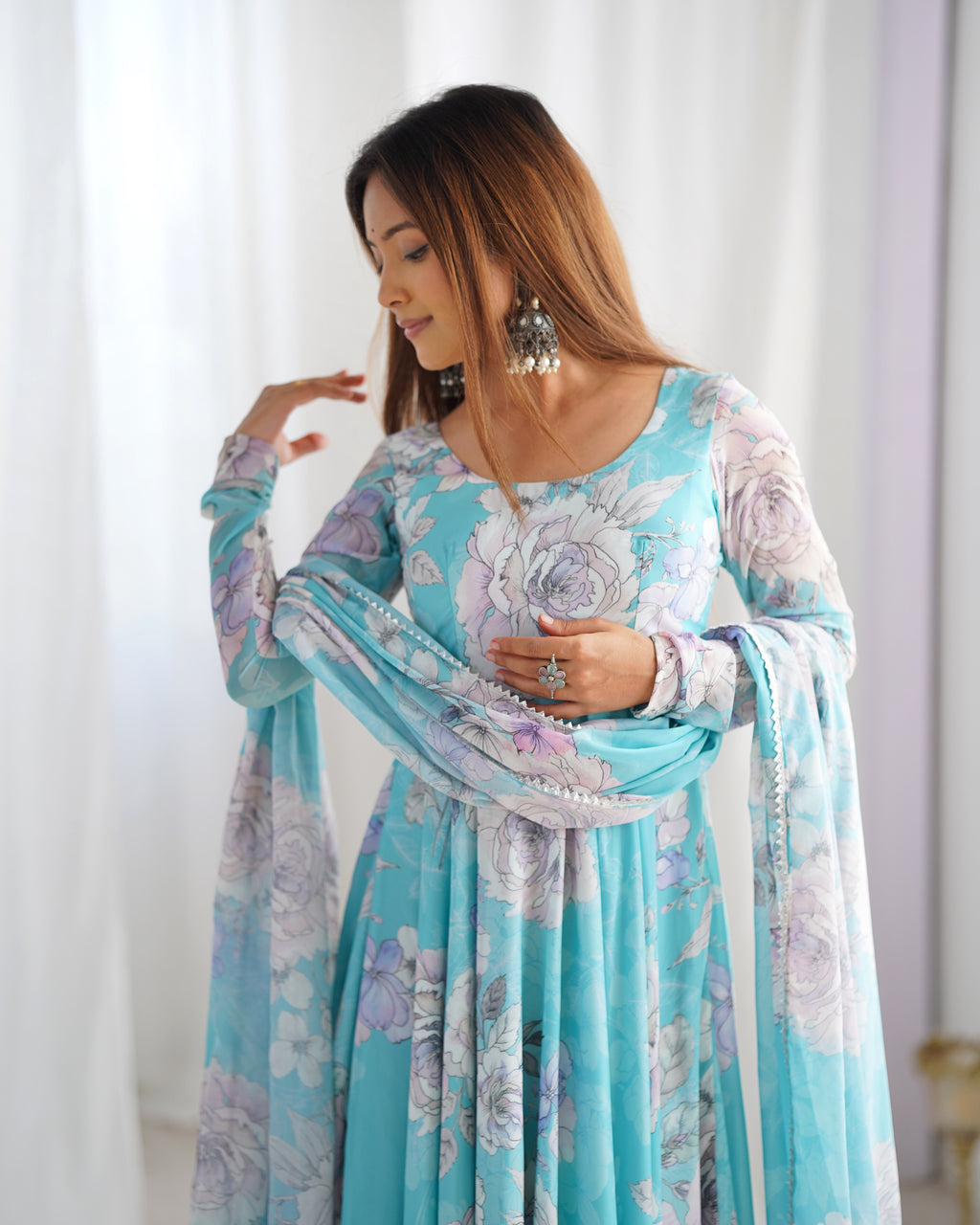 Elegant Fox Georgette Floral Anarkali Gown Set with Dupatta