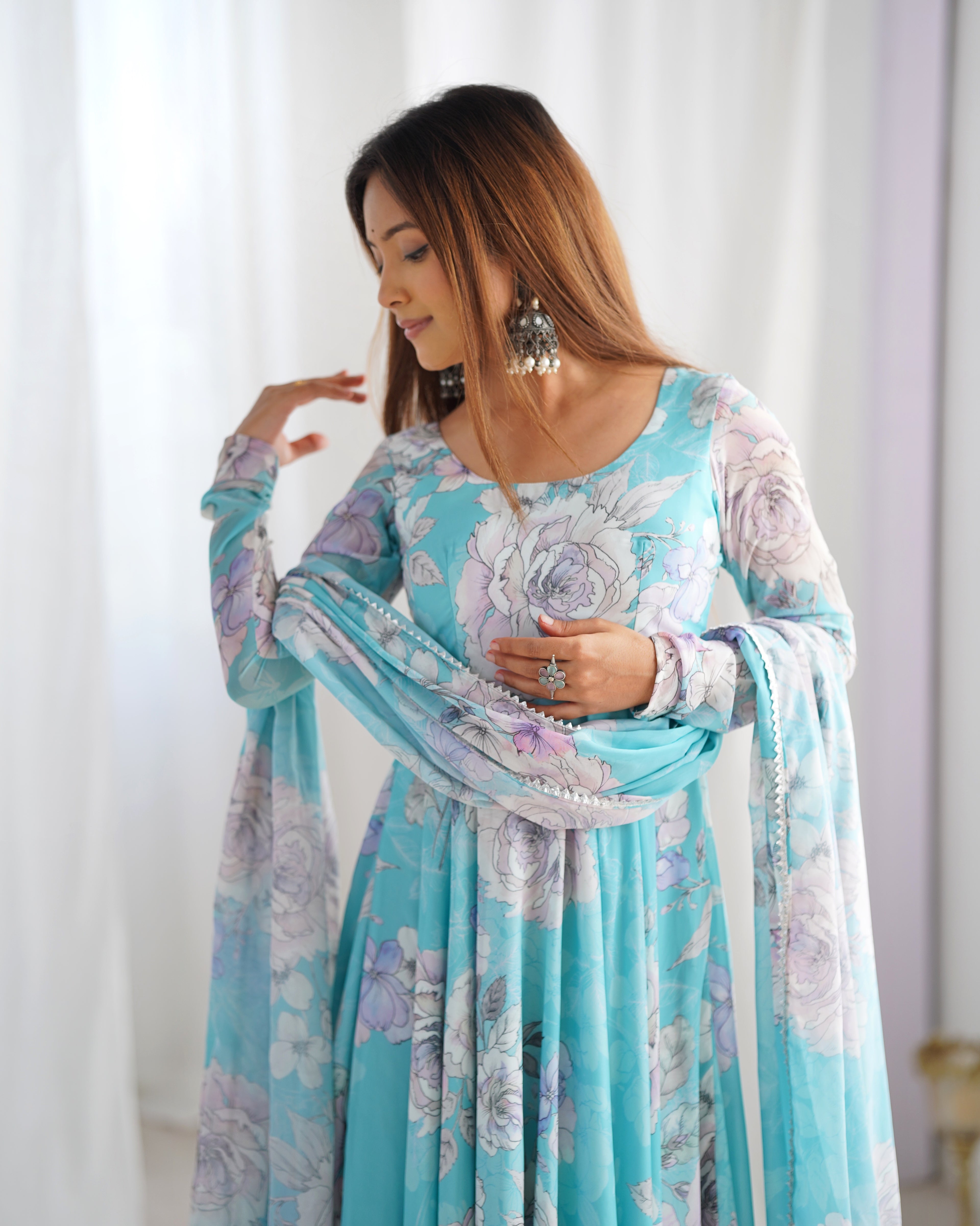 Elegant Fox Georgette Floral Anarkali Gown Set with Dupatta