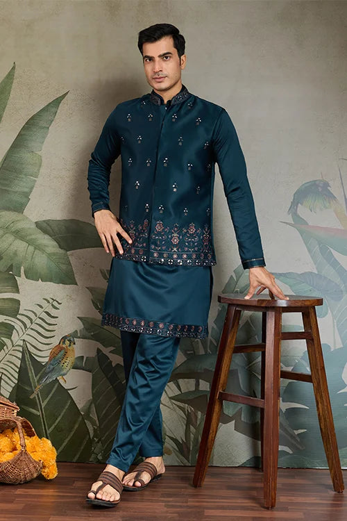 Teal Blue Embroidered Kurta Koti Set for Men
