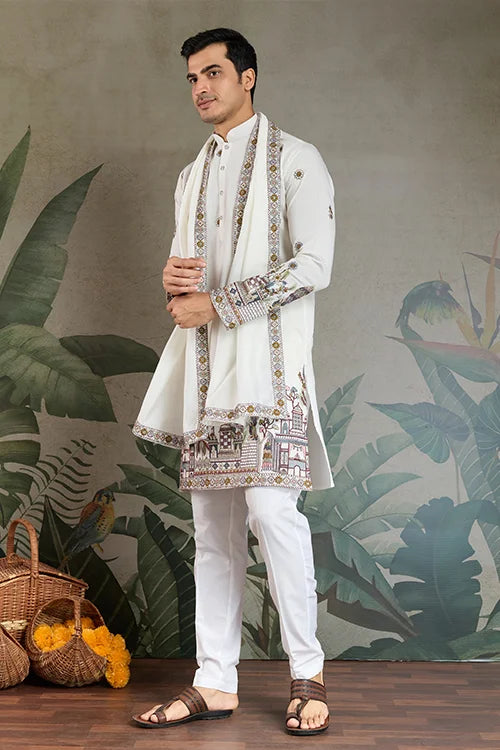 Wedding Special White Color Kurta and Dupatta for Men