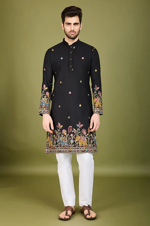 Black Color Cotton Embroidered Work Kurta for Men