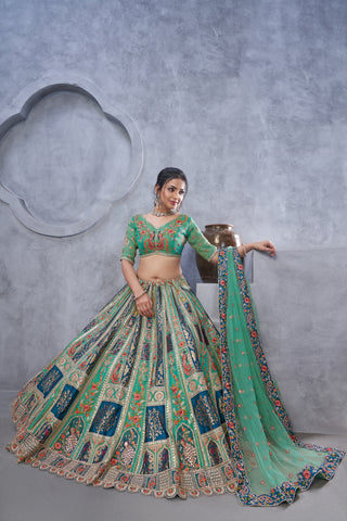 Premium Art Silk Mehndi Embroidered Lehenga with Dupatta