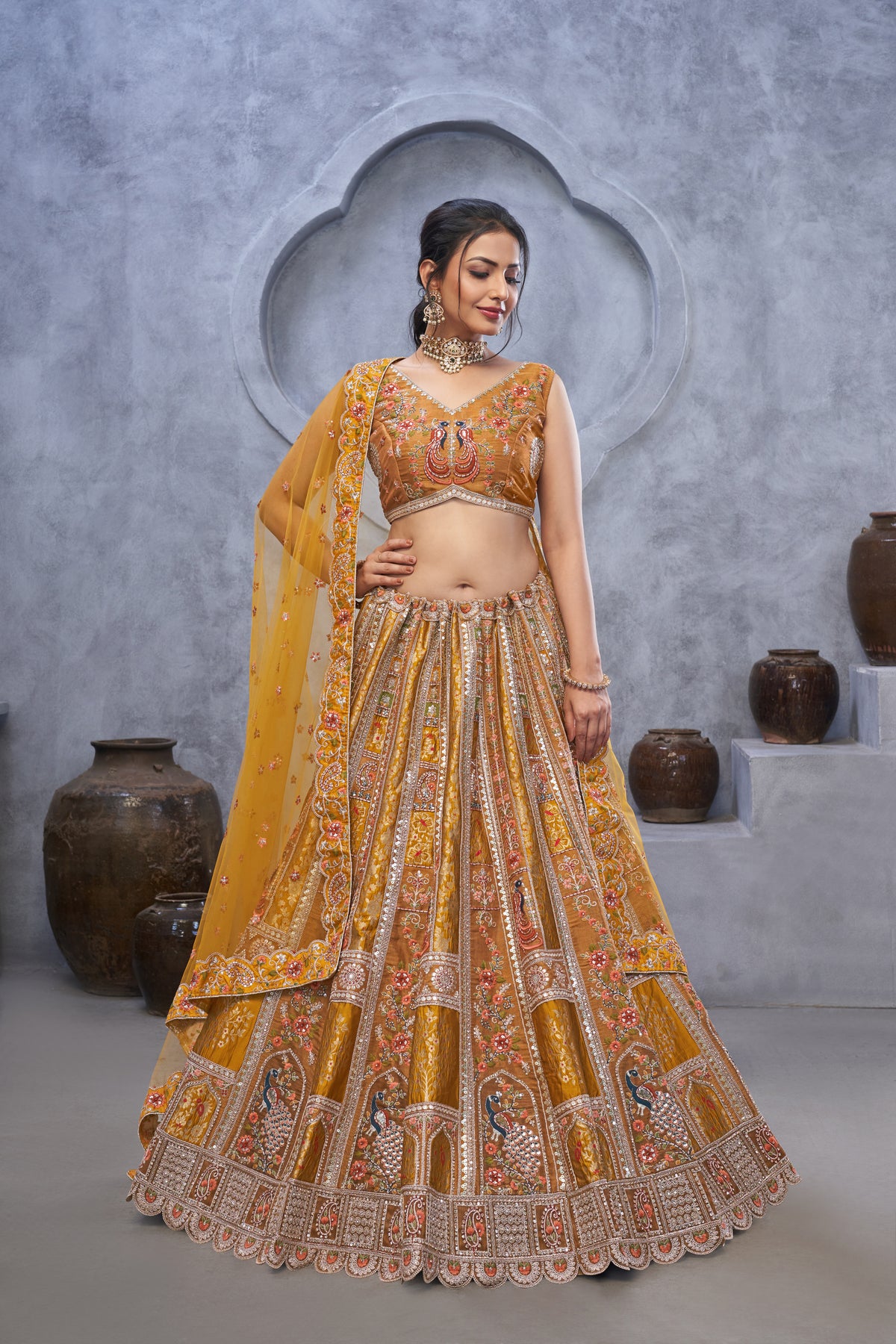 Embroidery Musturd Art Silk Bridal Lehenga with Dupatta