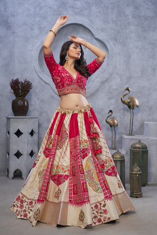 Red and White Raw Silk Lehenga Choli with Pink Dupatta