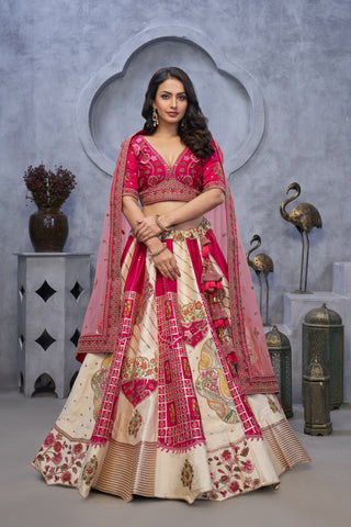 Red and White Raw Silk Lehenga Choli with Pink Dupatta