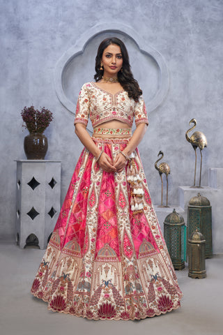 Pink Bridal Lehenga with Temple & Peacock Motifs