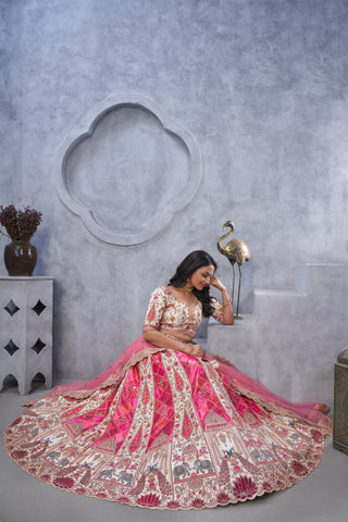 Pink Bridal Lehenga with Temple & Peacock Motifs