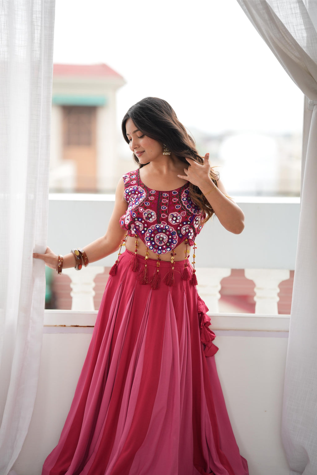 Garba Maroon Rayon Mirror Lehenga Choli Set | Tulip Designer
