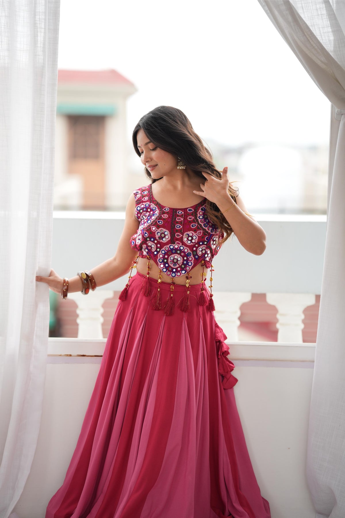Garba Maroon Rayon Mirror Lehenga Choli Set | Tulip Designer
