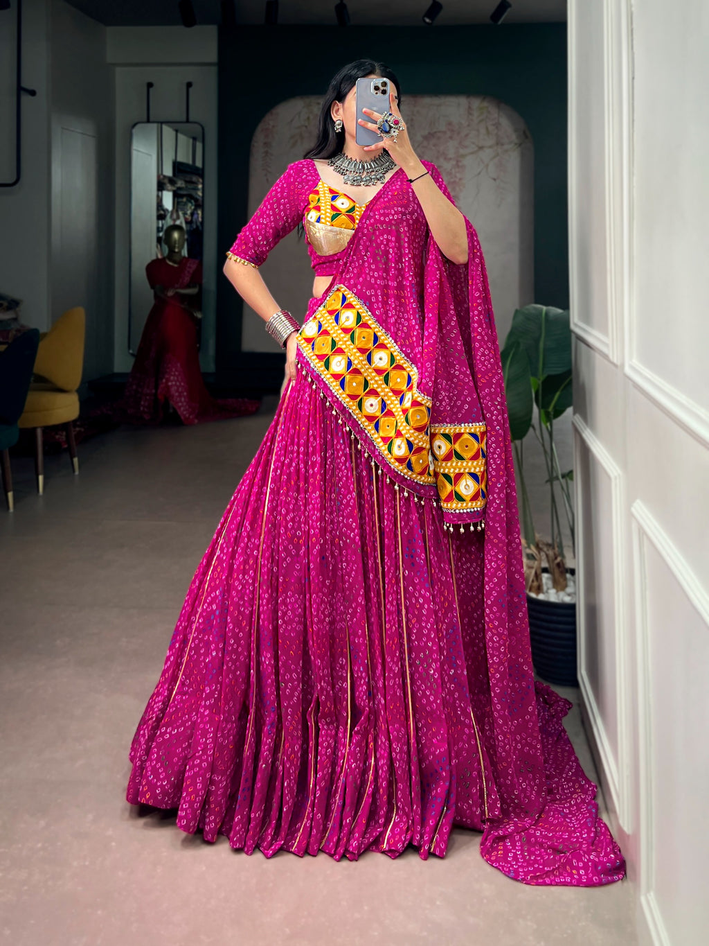 Georgette Bandhej Gamthi Mirror Lehenga Set | Tulip Designer
