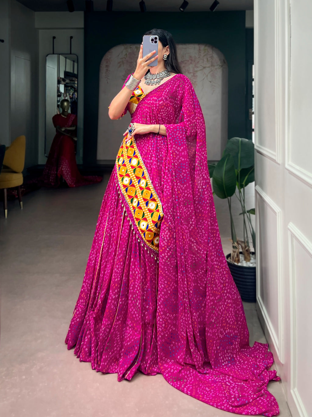 Georgette Bandhej Gamthi Mirror Lehenga Set | Tulip Designer
