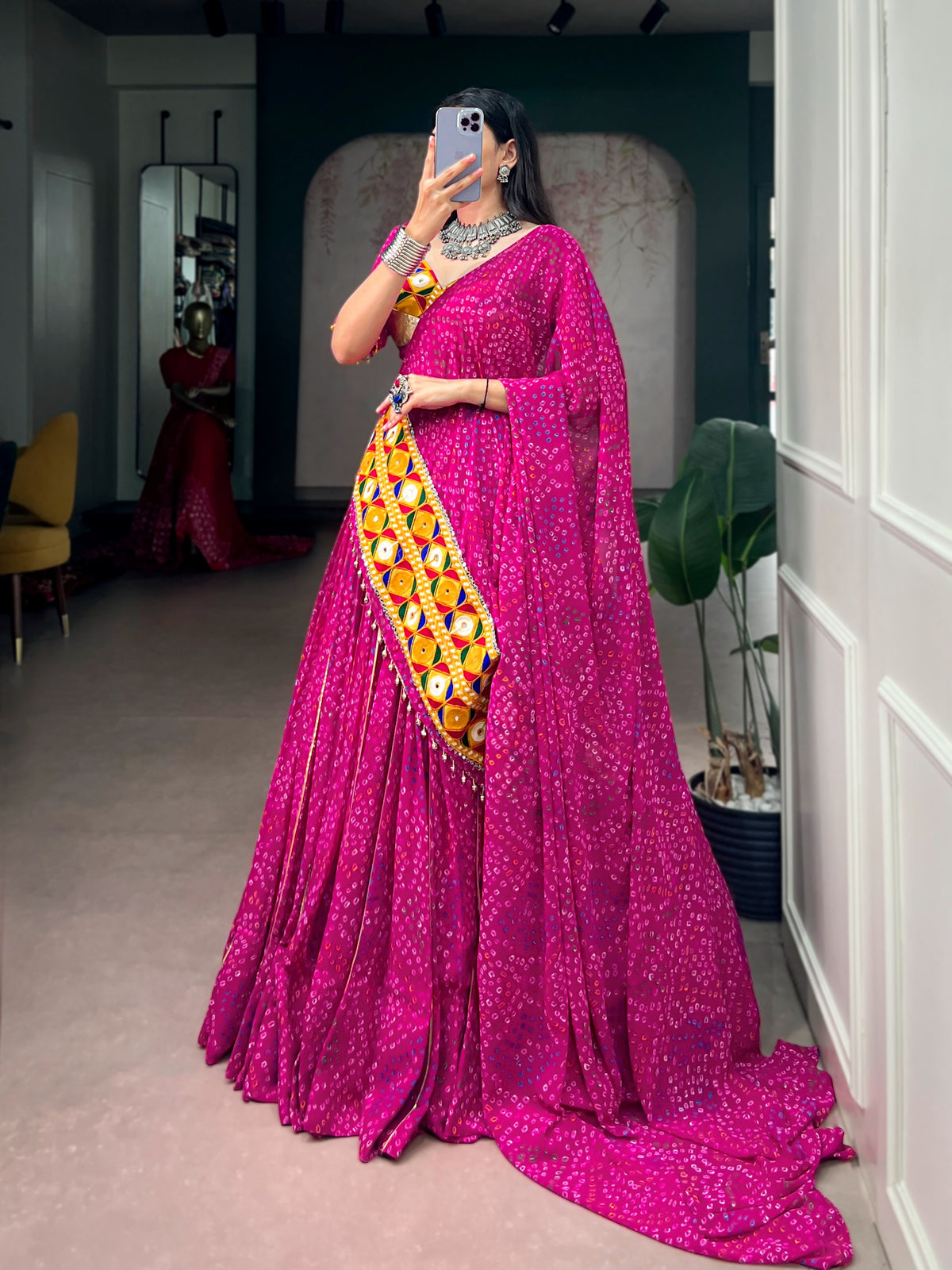 Georgette Bandhej Gamthi Mirror Lehenga Set | Tulip Designer
