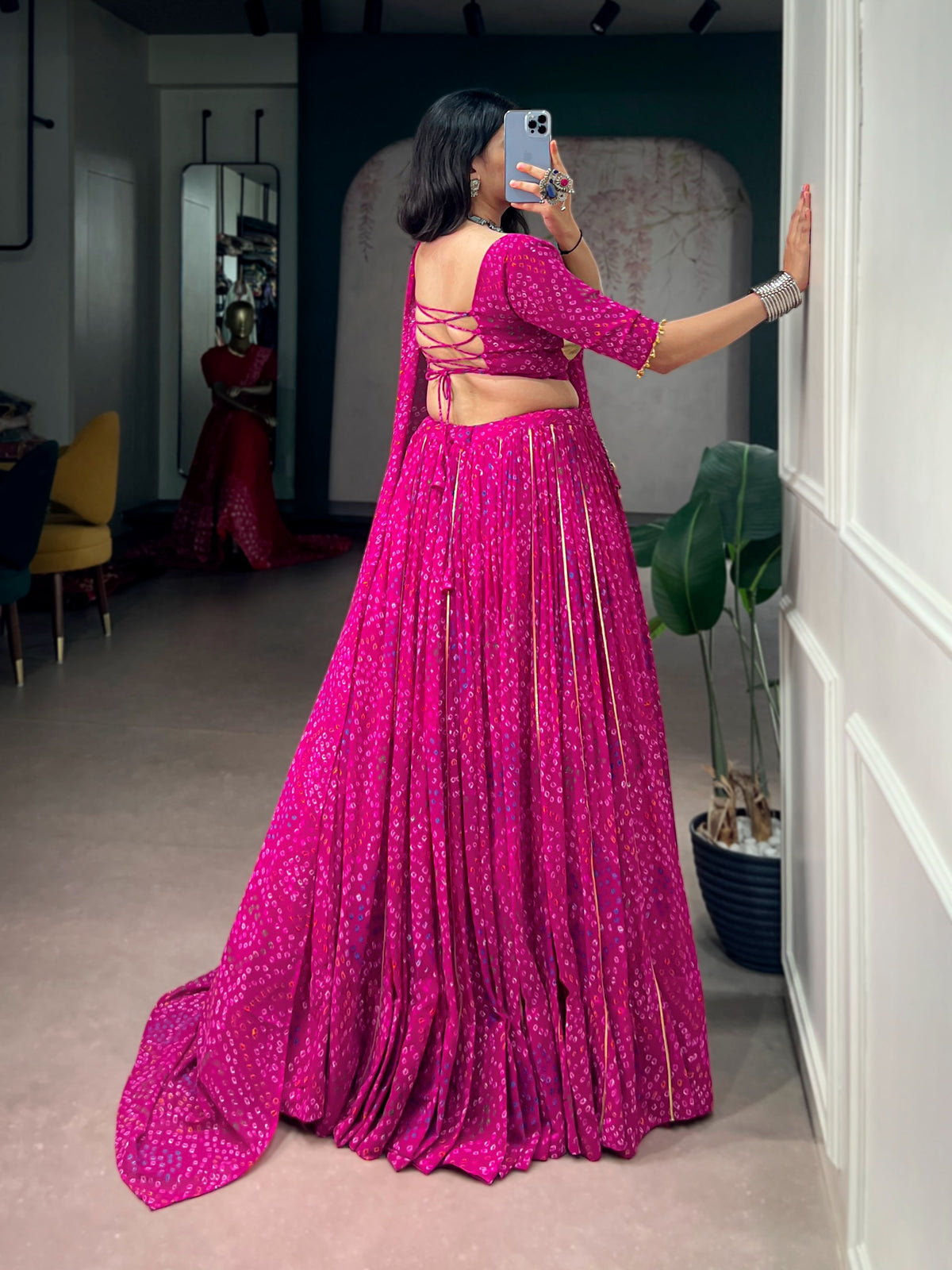 Georgette Bandhej Gamthi Mirror Lehenga Set | Tulip Designer
