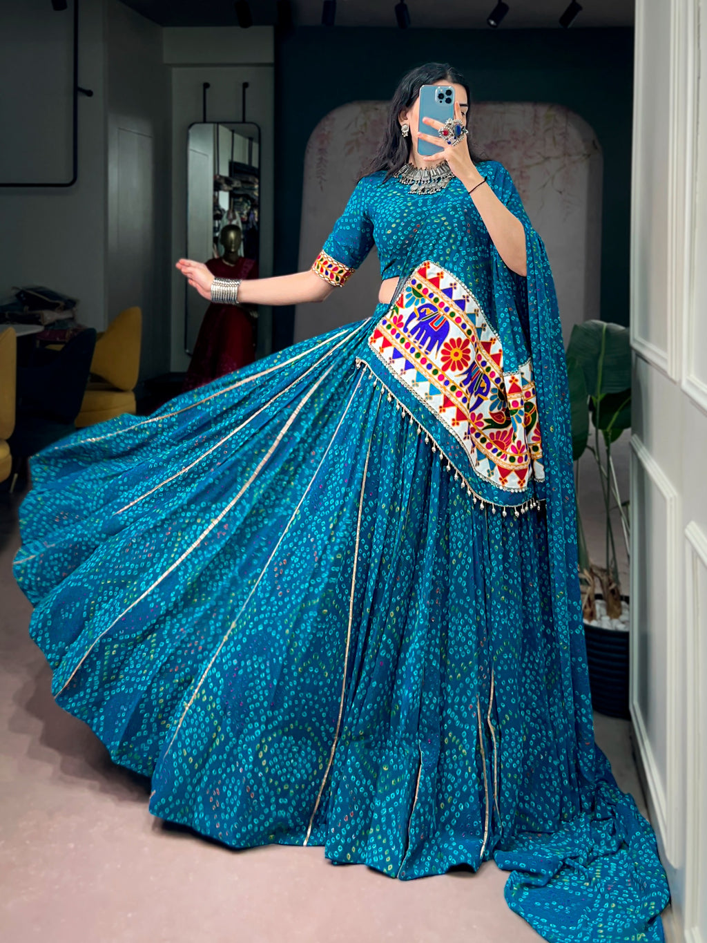Georgette Bandhej Gamthi Mirror Lehenga Set | Tulip Designer
