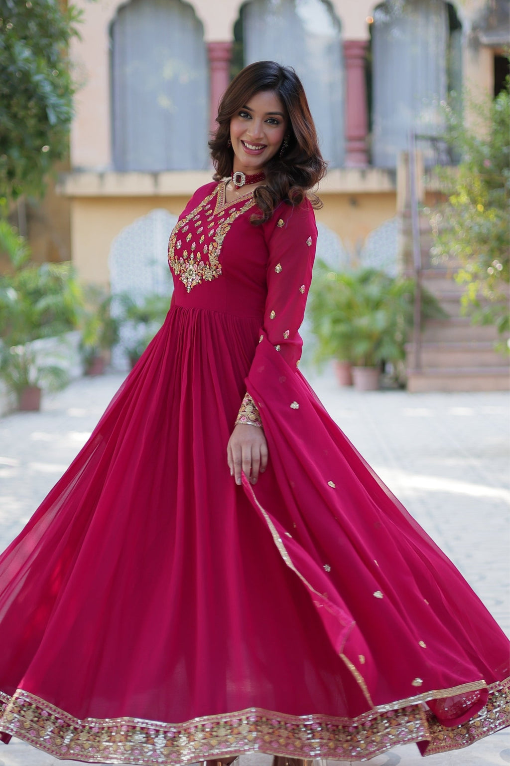 Stunning Georgette Embroidered Beautiful Gown Set