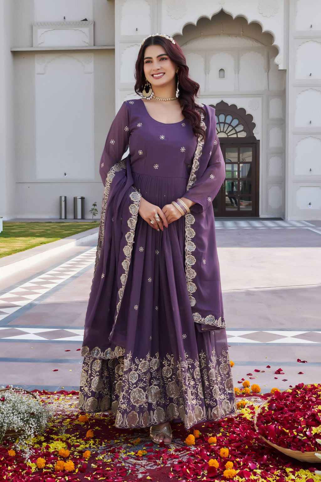 Elegant Fox Georgette Embroidered Gown with Matching Dupatta
