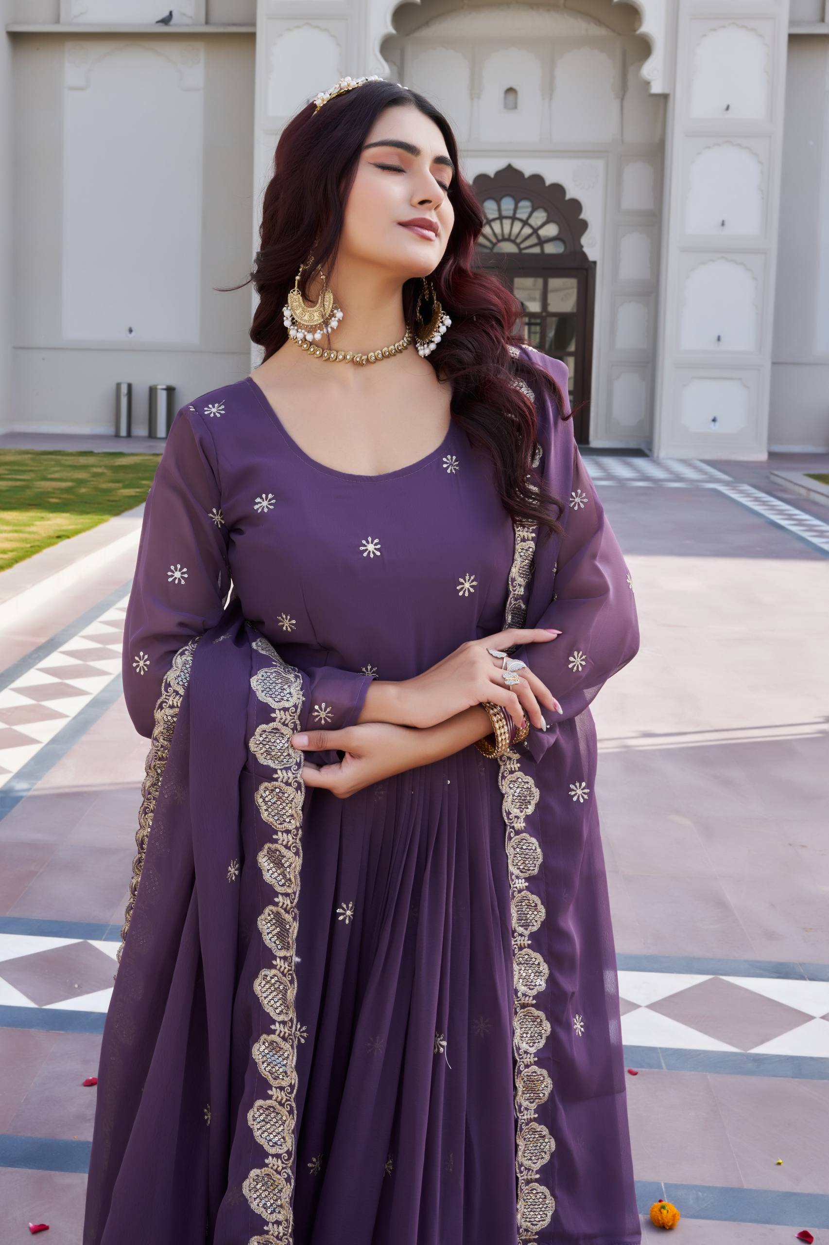 Elegant Fox Georgette Embroidered Gown with Matching Dupatta
