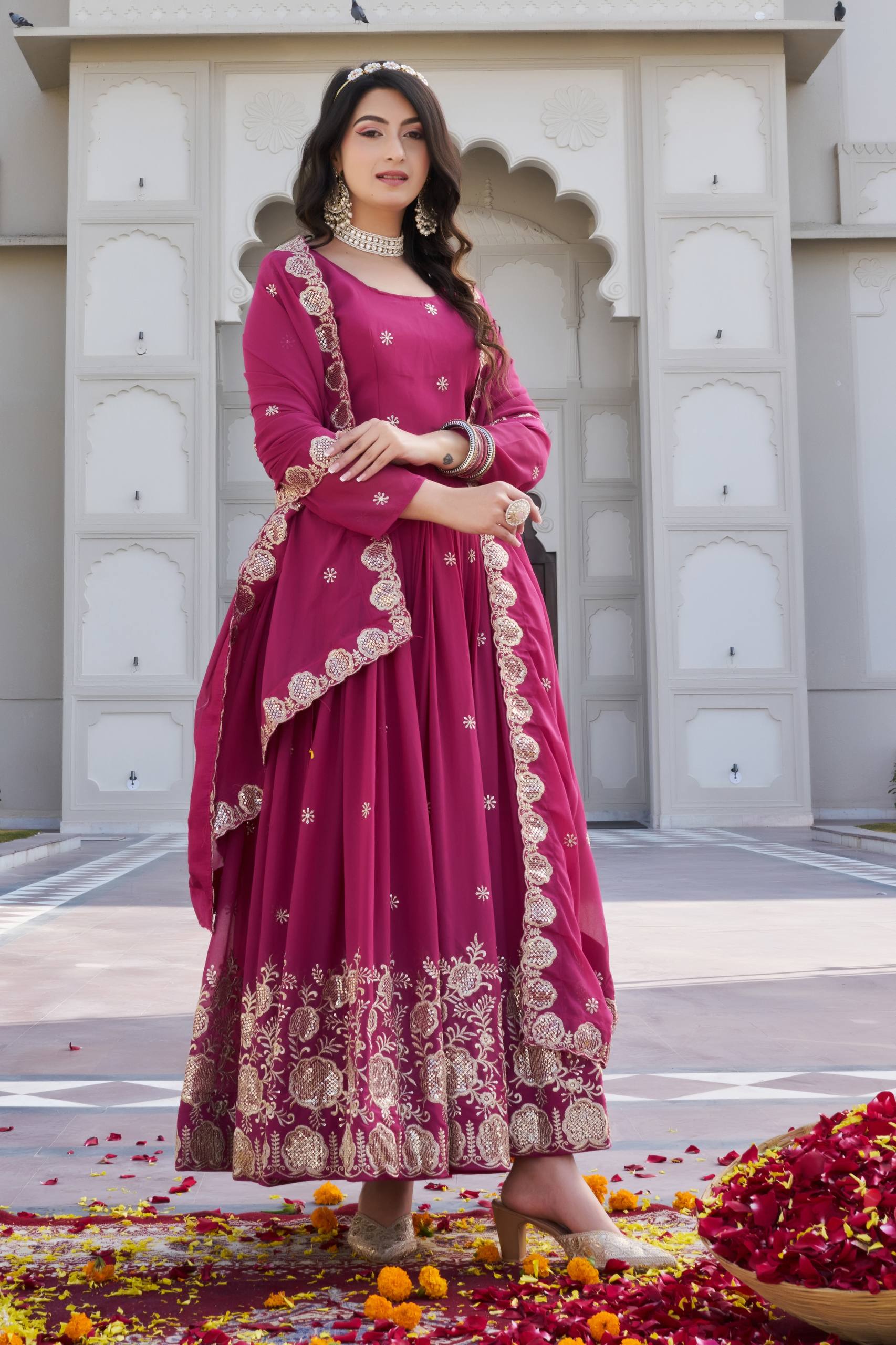 Elegant Fox Georgette Embroidered Gown with Matching Dupatta
