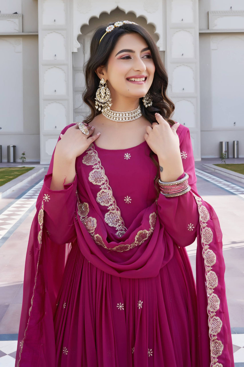 Elegant Fox Georgette Embroidered Gown with Matching Dupatta
