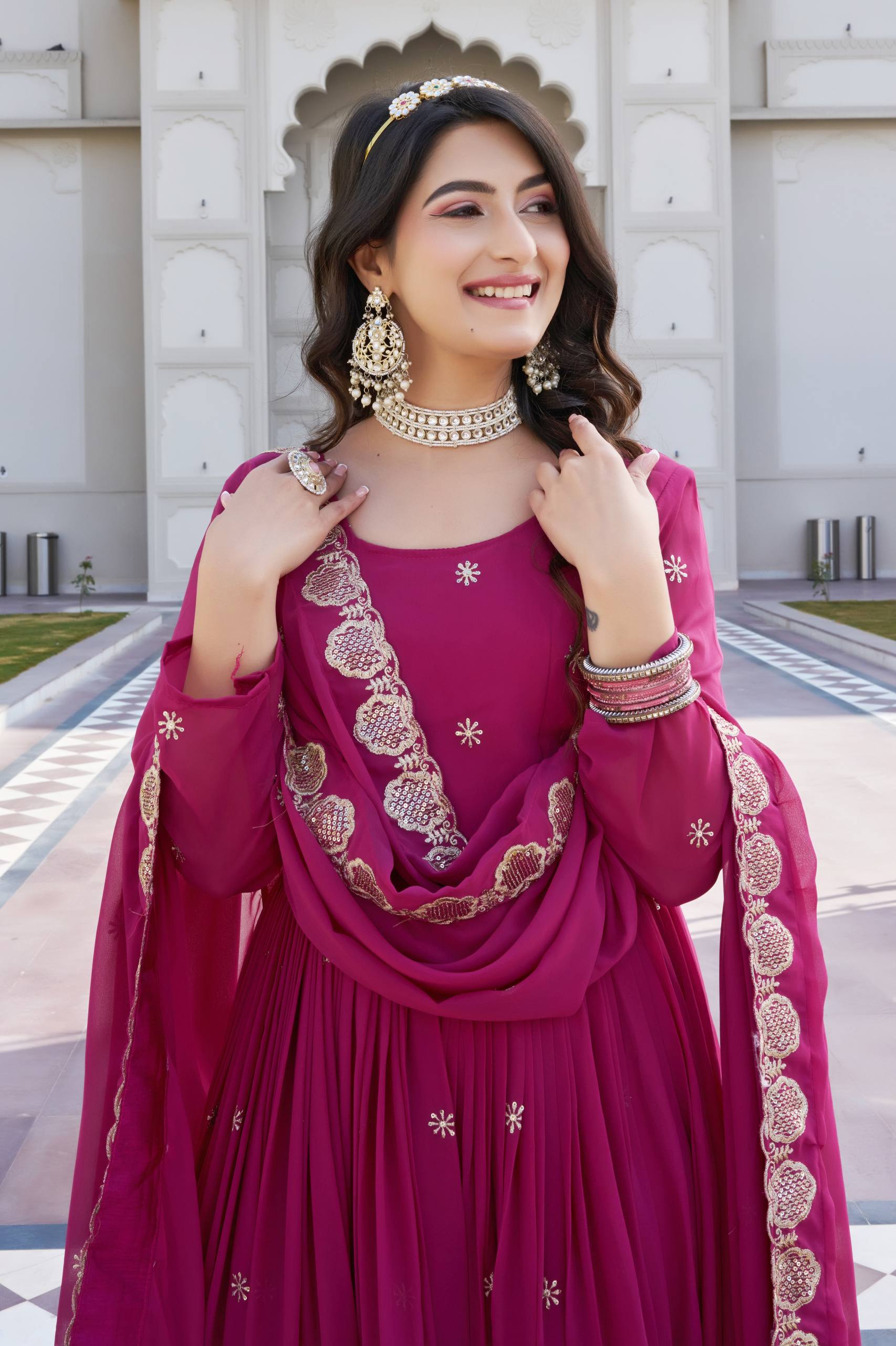 Elegant Fox Georgette Embroidered Gown with Matching Dupatta
