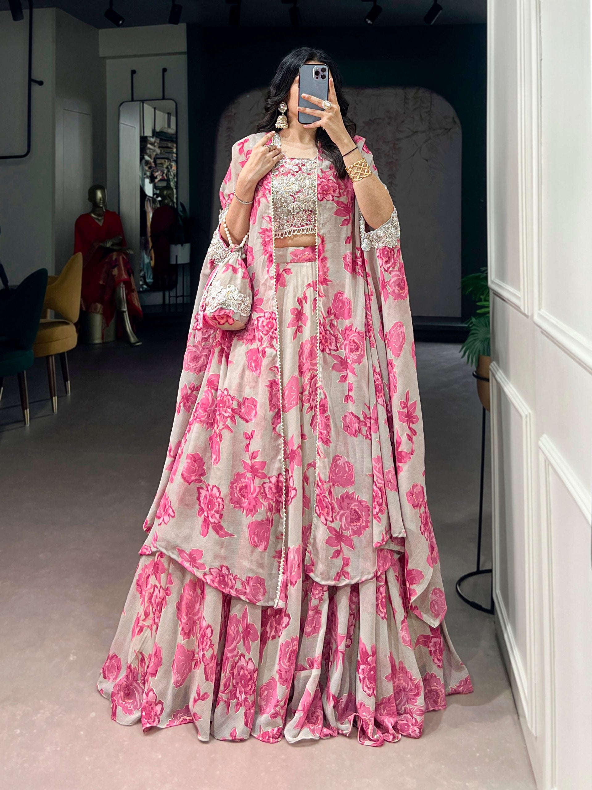 Soft Pastel Georgette Heavy Embroidery Lehenga Set With Batwa

