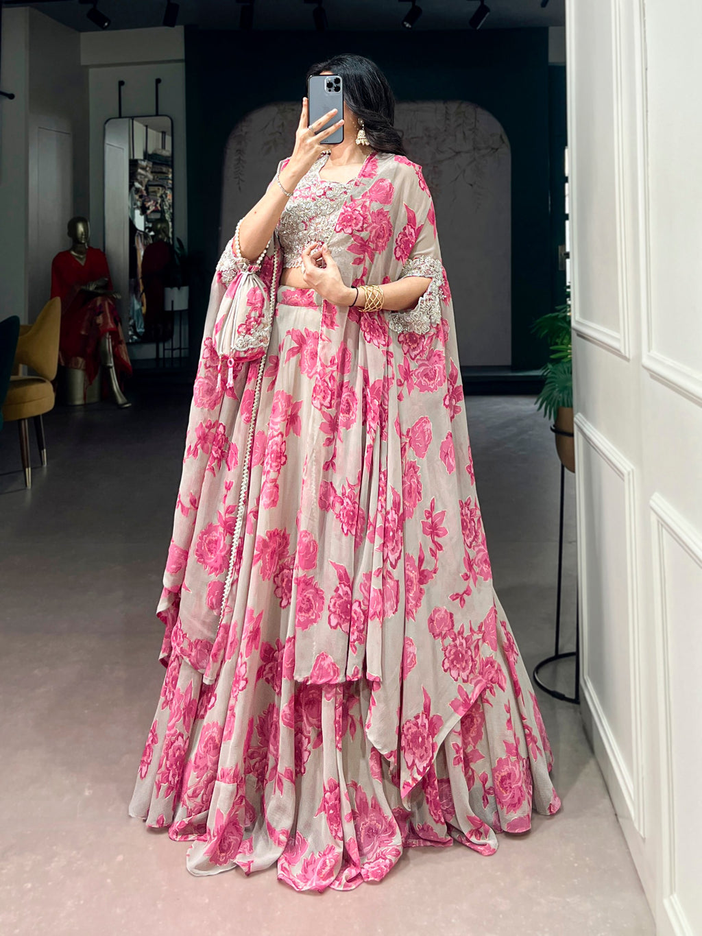 Soft Pastel Georgette Heavy Embroidery Lehenga Set With Batwa
