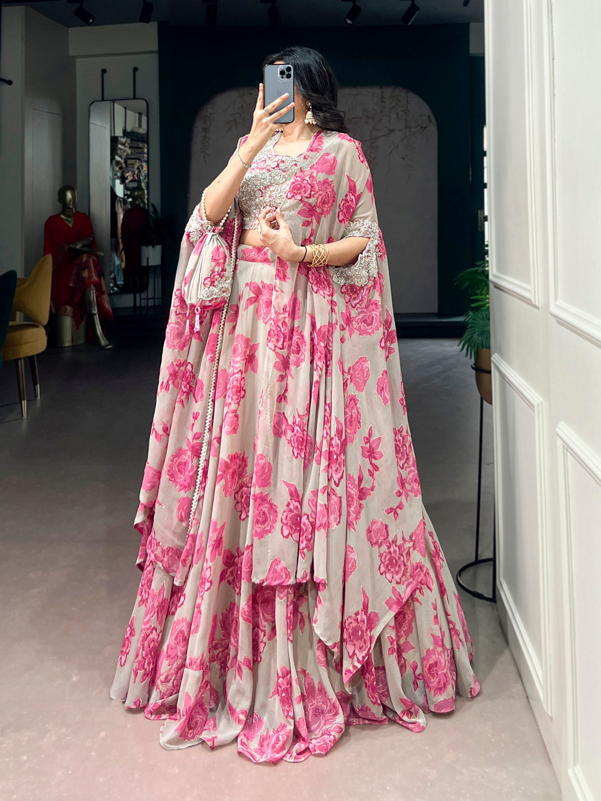 Soft Pastel Georgette Heavy Embroidery Lehenga Set With Batwa
