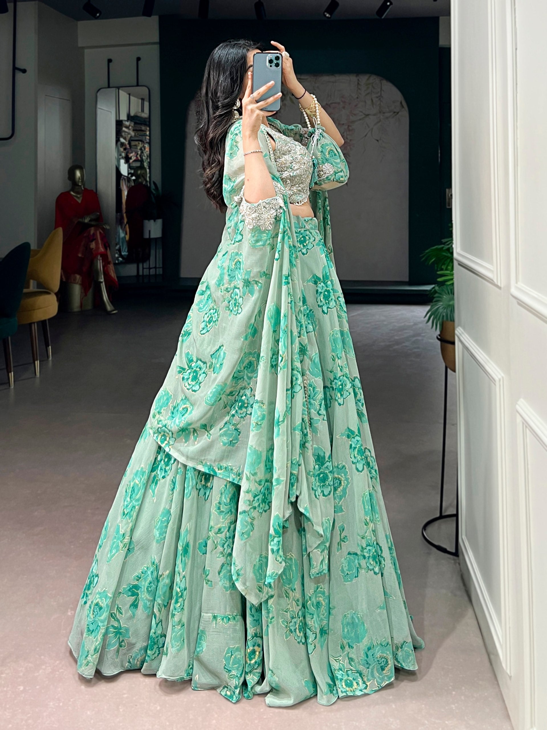 Soft Pastel Georgette Heavy Embroidery Lehenga Set With Batwa

