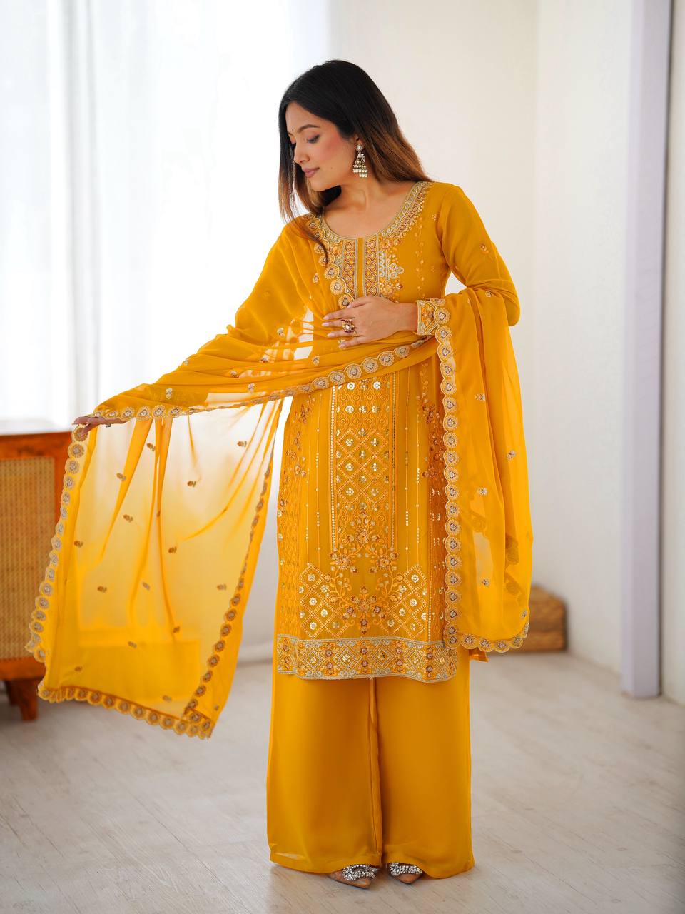 Luxury Faux Georgette Sequence Work Plazzo Suit Set for Festive Wear
