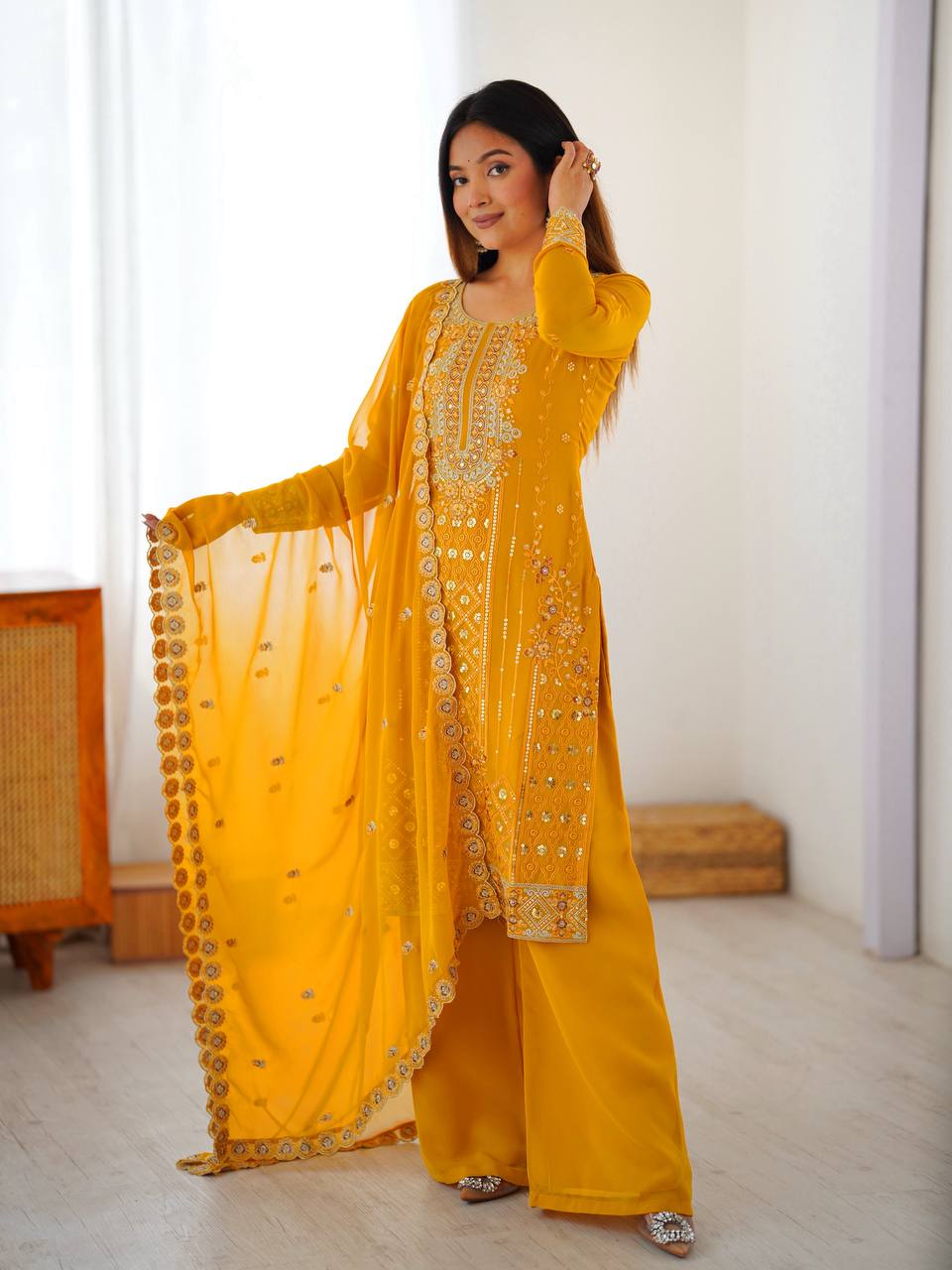 Luxury Faux Georgette Sequence Work Plazzo Suit Set for Festive Wear

