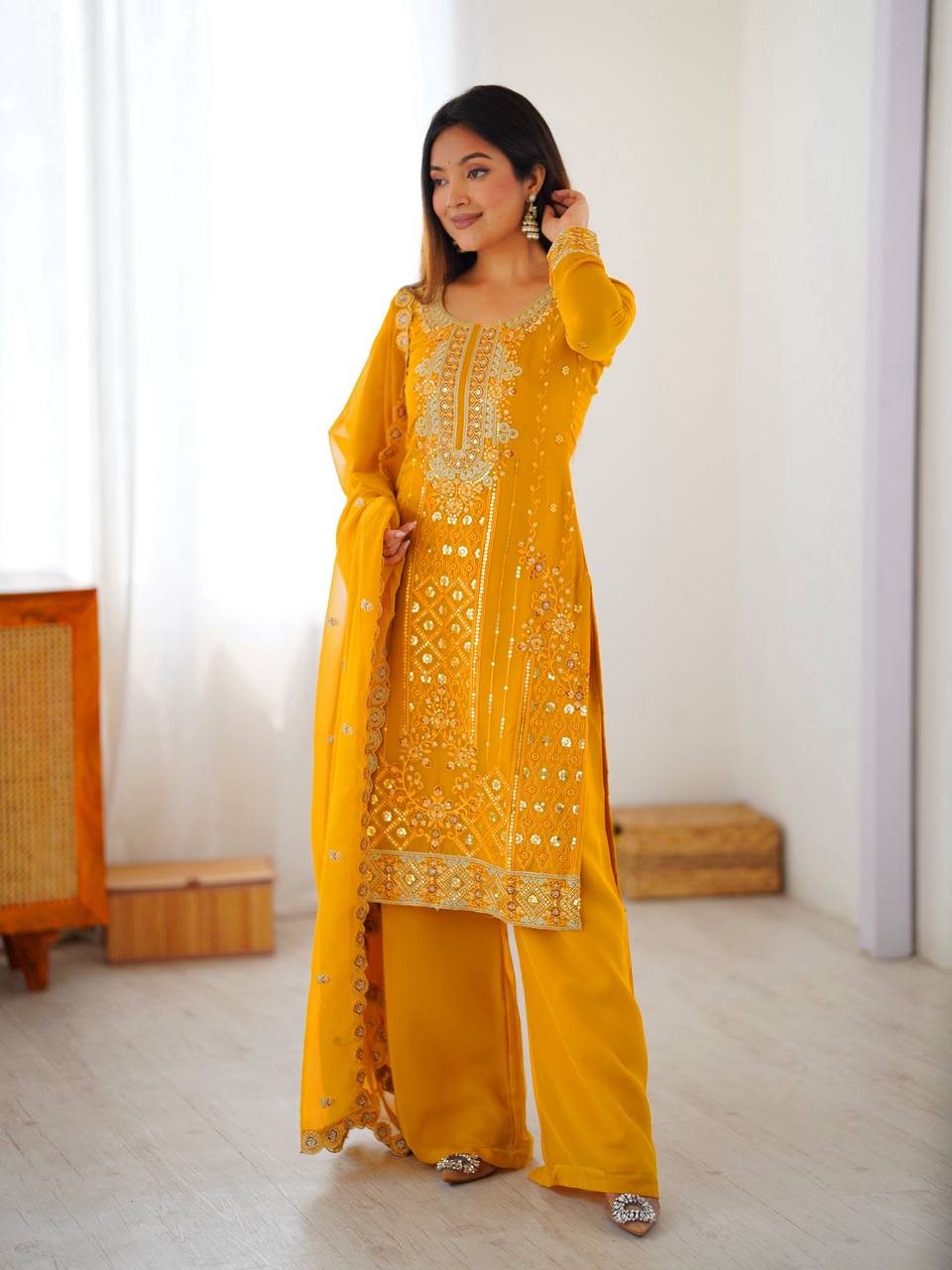 Luxury Faux Georgette Sequence Work Plazzo Suit Set for Festive Wear
