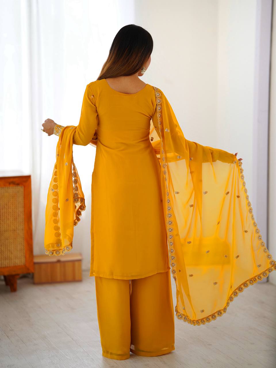Luxury Faux Georgette Sequence Work Plazzo Suit Set for Festive Wear

